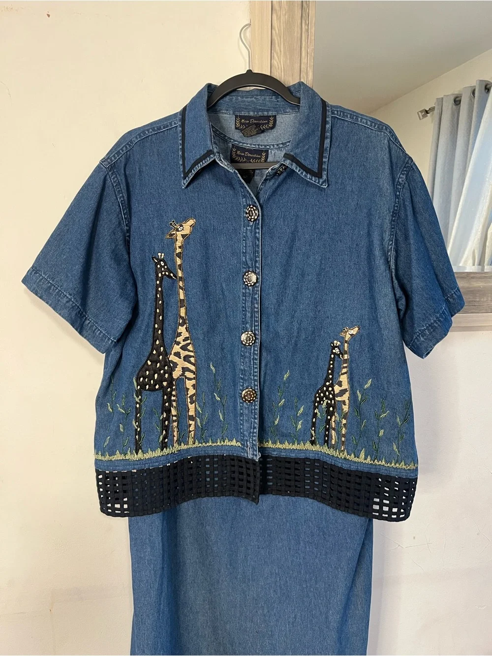 new directions Blue Denim Giraffe Embroidered Dress and Jacket Set
